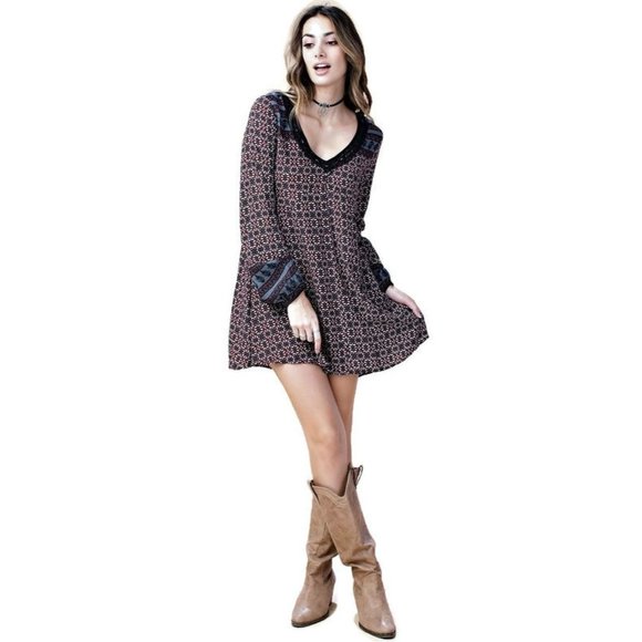Kori Dresses & Skirts - Kori America Border Print Swing Dress, Maroon
